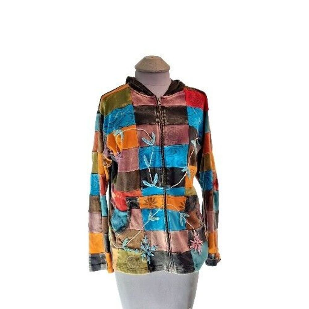 Rising International Size L Patchwork/Boho Full Zip Up Multicolored Hoodie